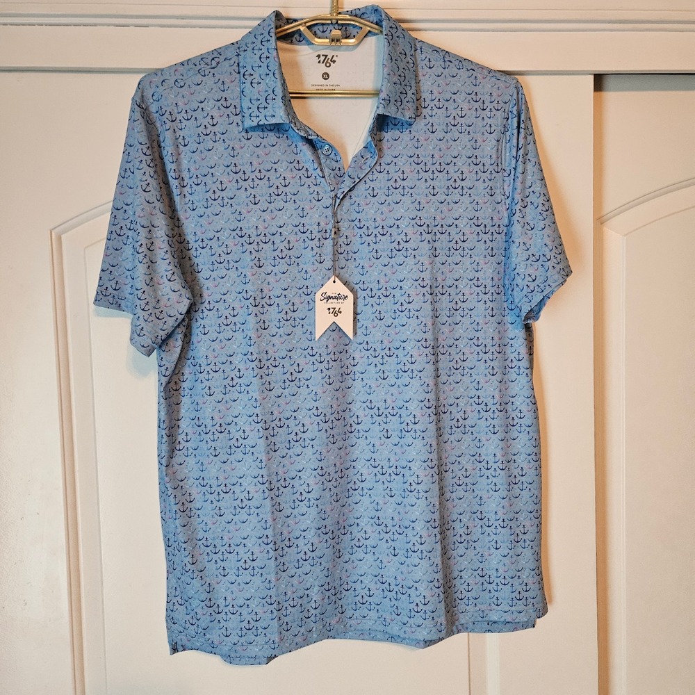 1764 Golf Anchored Performance Polo Shirt Mens XL Blue Anchor Print Cruise‎ Golf